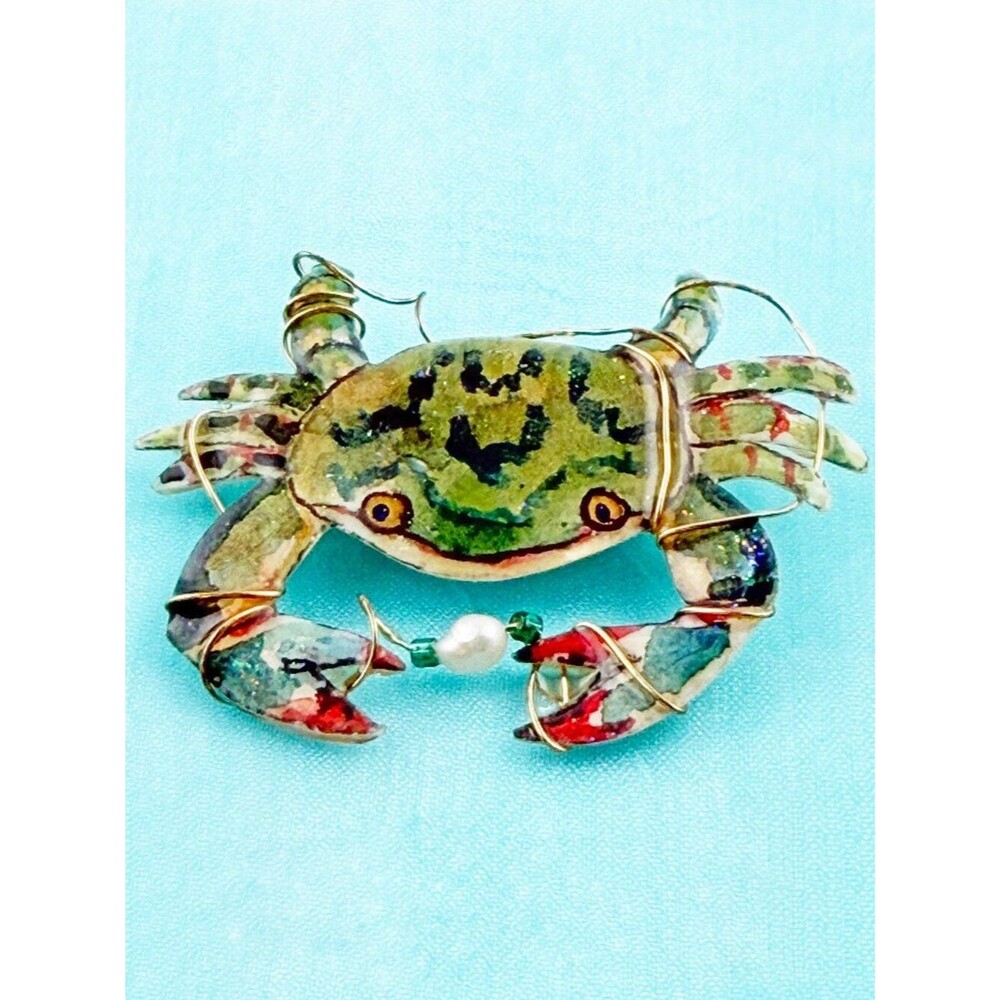 Artisan Hand-Painted Blue Crab Brooch Pendant with Pearl & Wire Wrap Accent